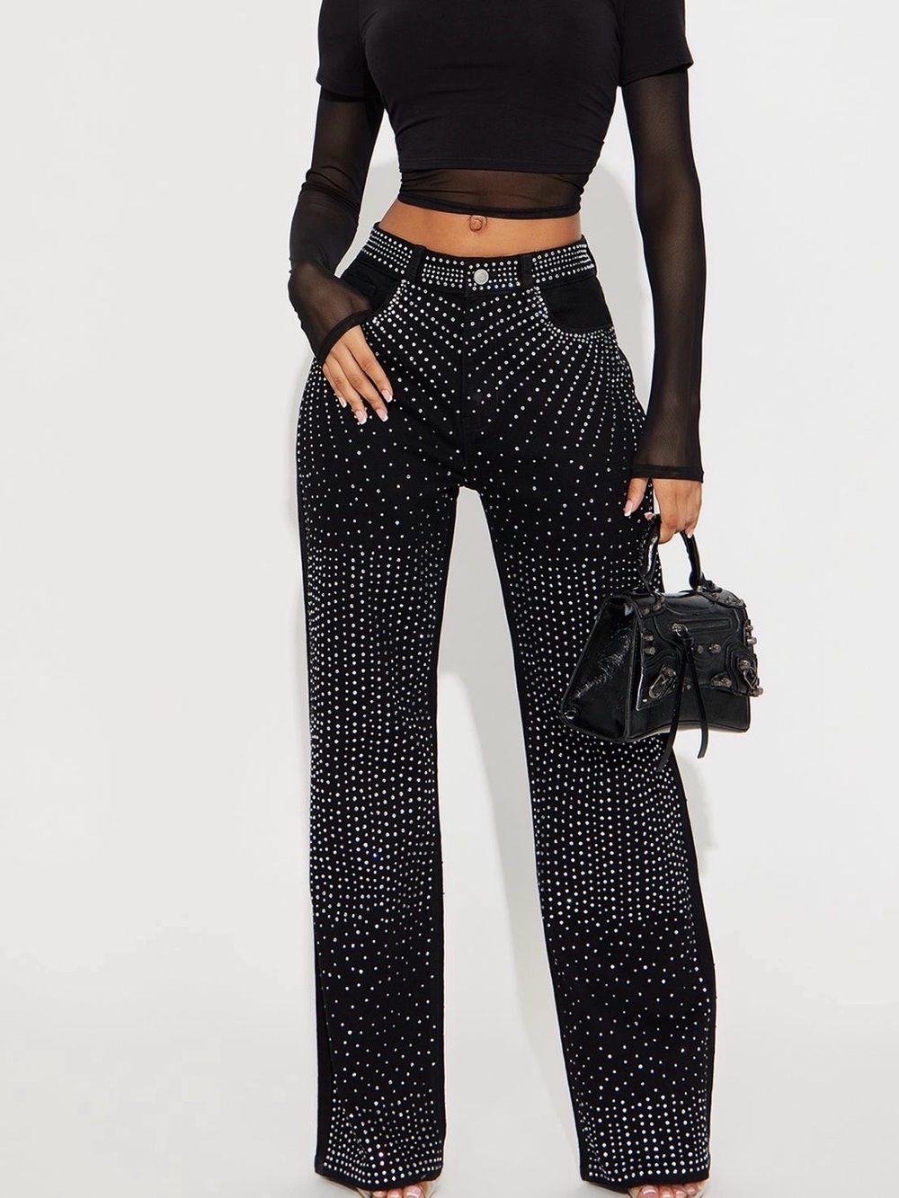 Black Soft Stretch Denim Embellished Wide-Leg Pants